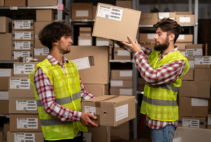 Two workers handling packages in Komar Distribution warehouse