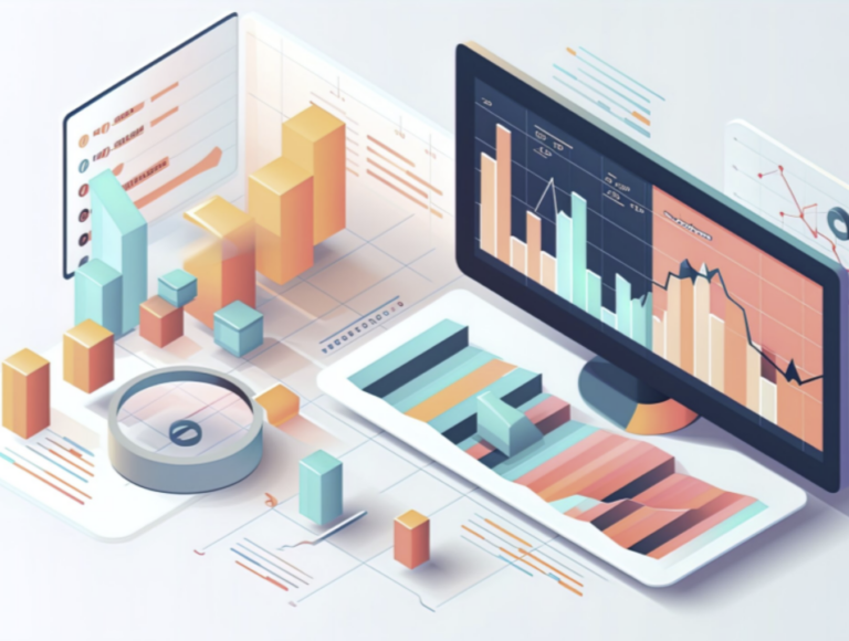 Digital illustration of data analytics with charts and graphs for Komar Distribution